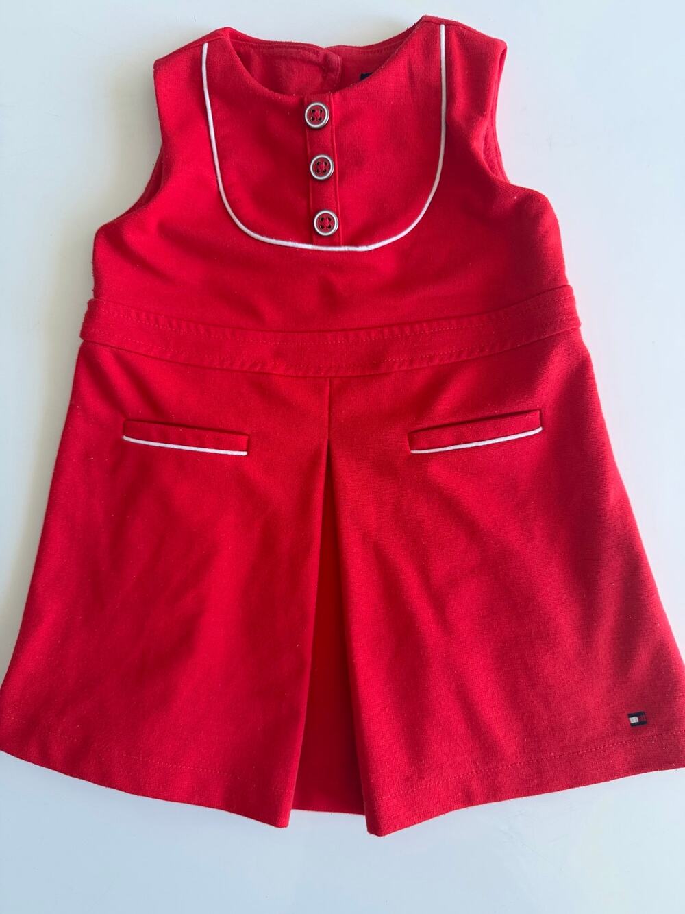 Tommy Hilfiger Girls Red Dress Sleeveless Button Front White Trim